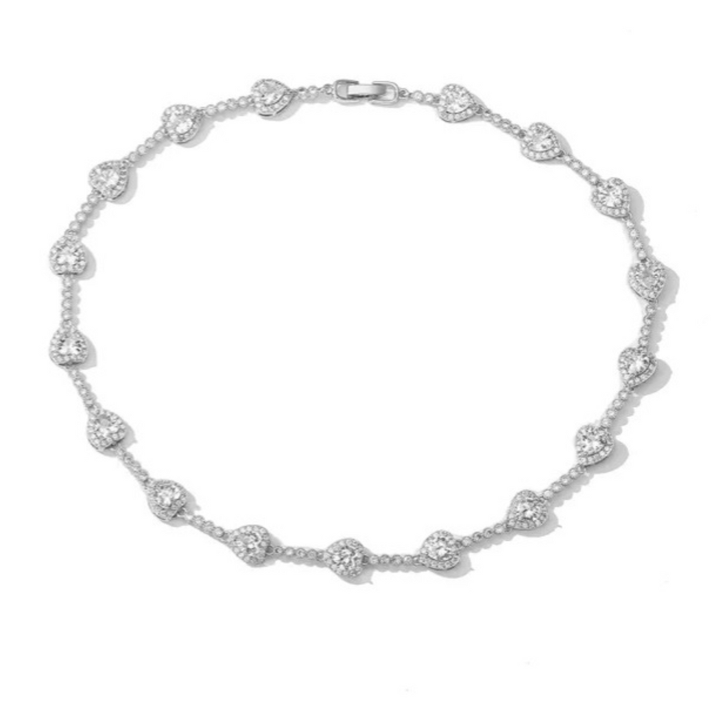 Sliver Heart Tennis Link Chain Bracelet or  Necklace