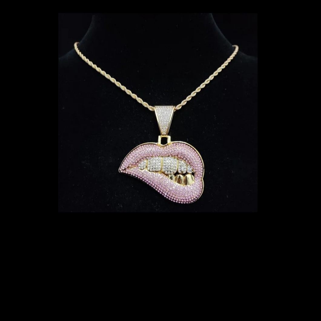 New Cubic Zirconia Iced Out Lip💋 Grill Necklace