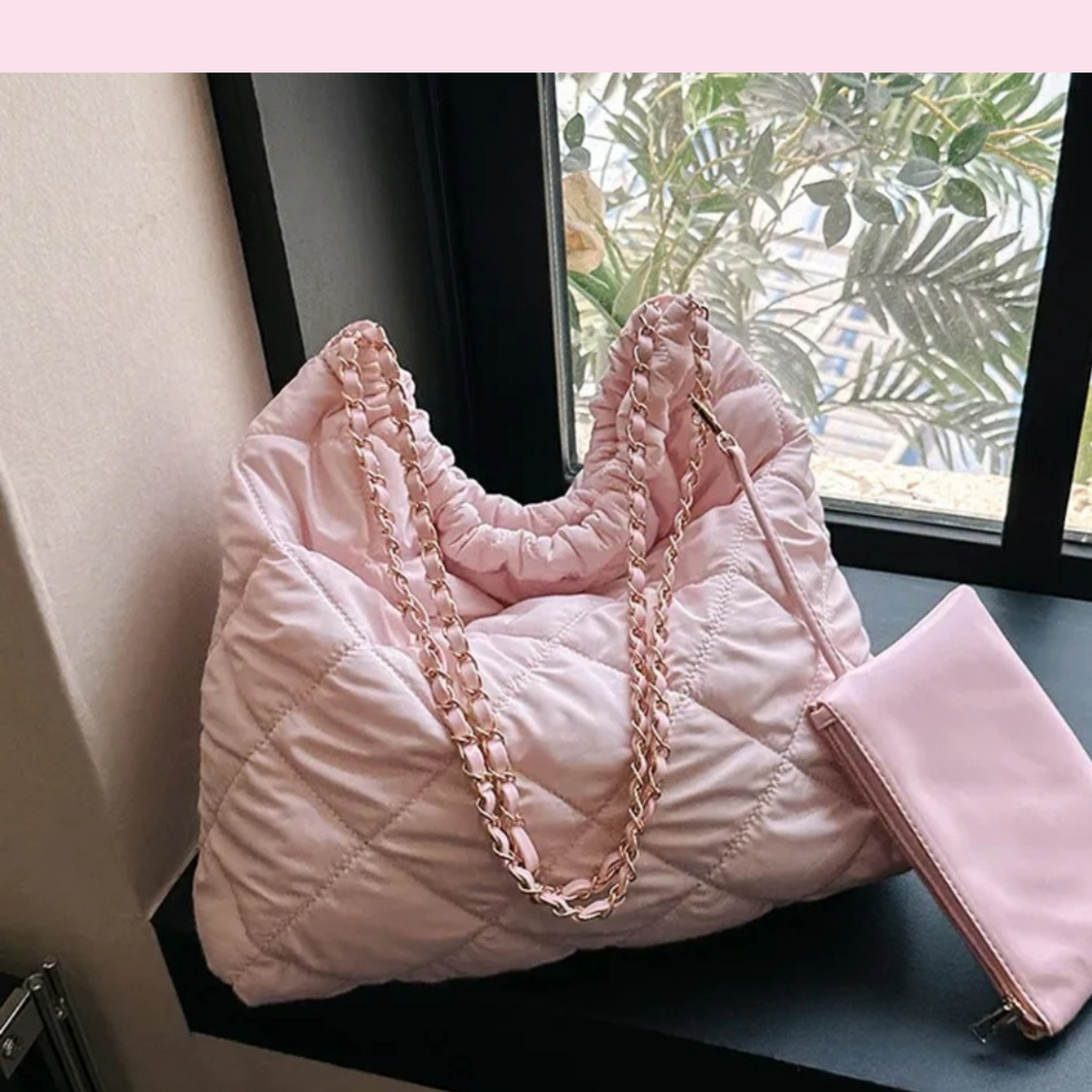 Pink Nylon Plaid Quilted Women's Shoulder Bag