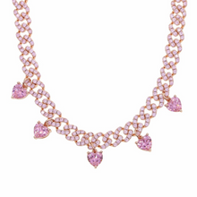 Load image into Gallery viewer, Pink and Rose Gold CZ Paved Cuban Link Heart Necklace
