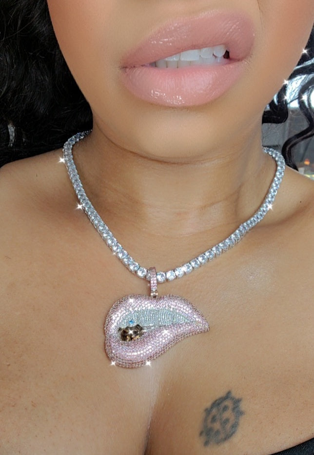 Cubic Zirconia Iced Out Lip💋 with Grill Tennis Chain Necklace