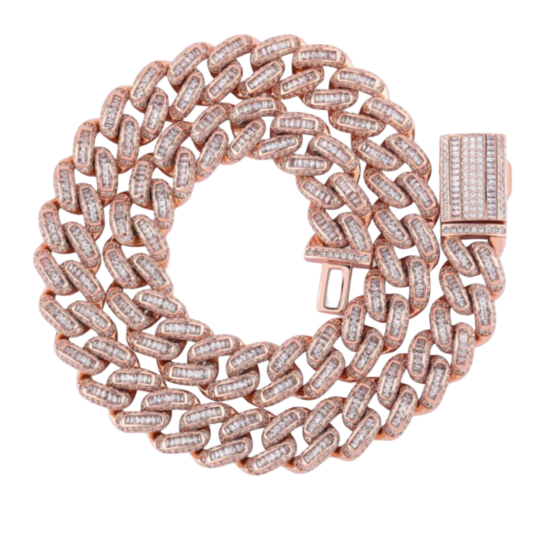 14mm Baguette Rose Gold Cuban Link Necklace