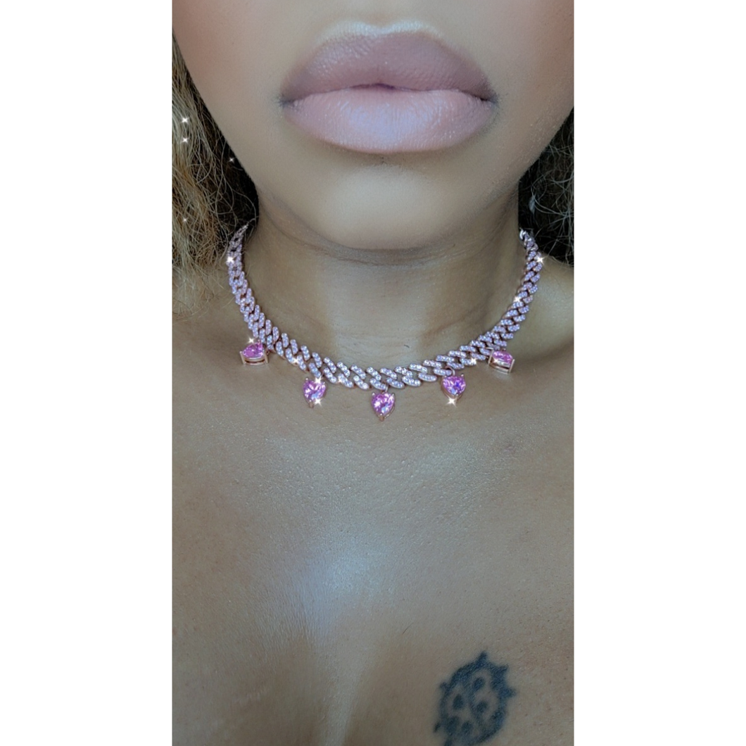 Pink and Rose Gold CZ Paved Cuban Link Heart Necklace